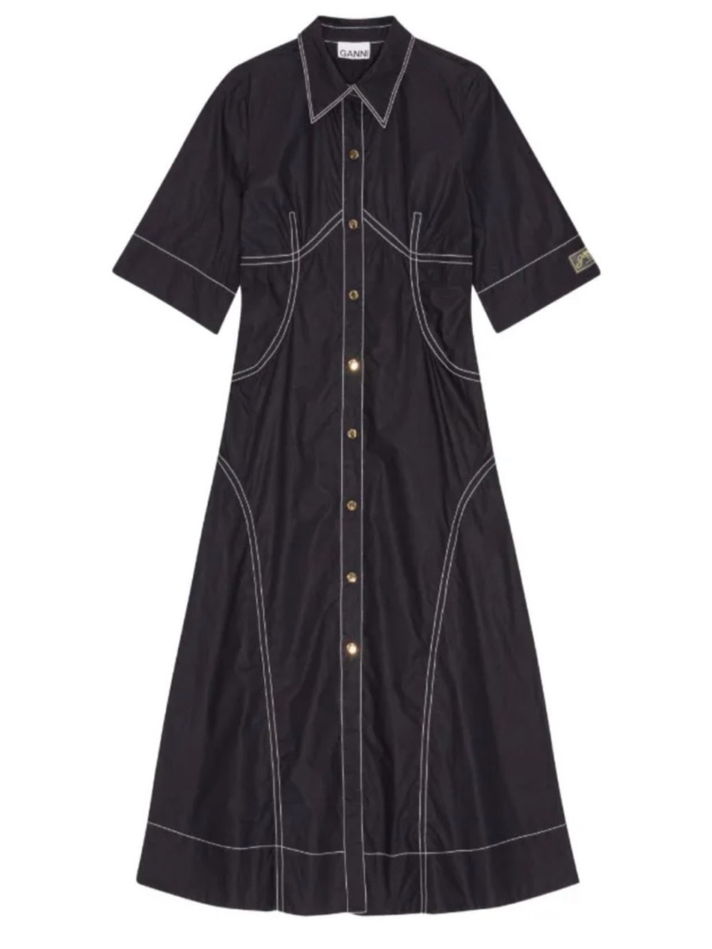 Ganni Black Maxi Shirt Dress with Contrast White Stitching